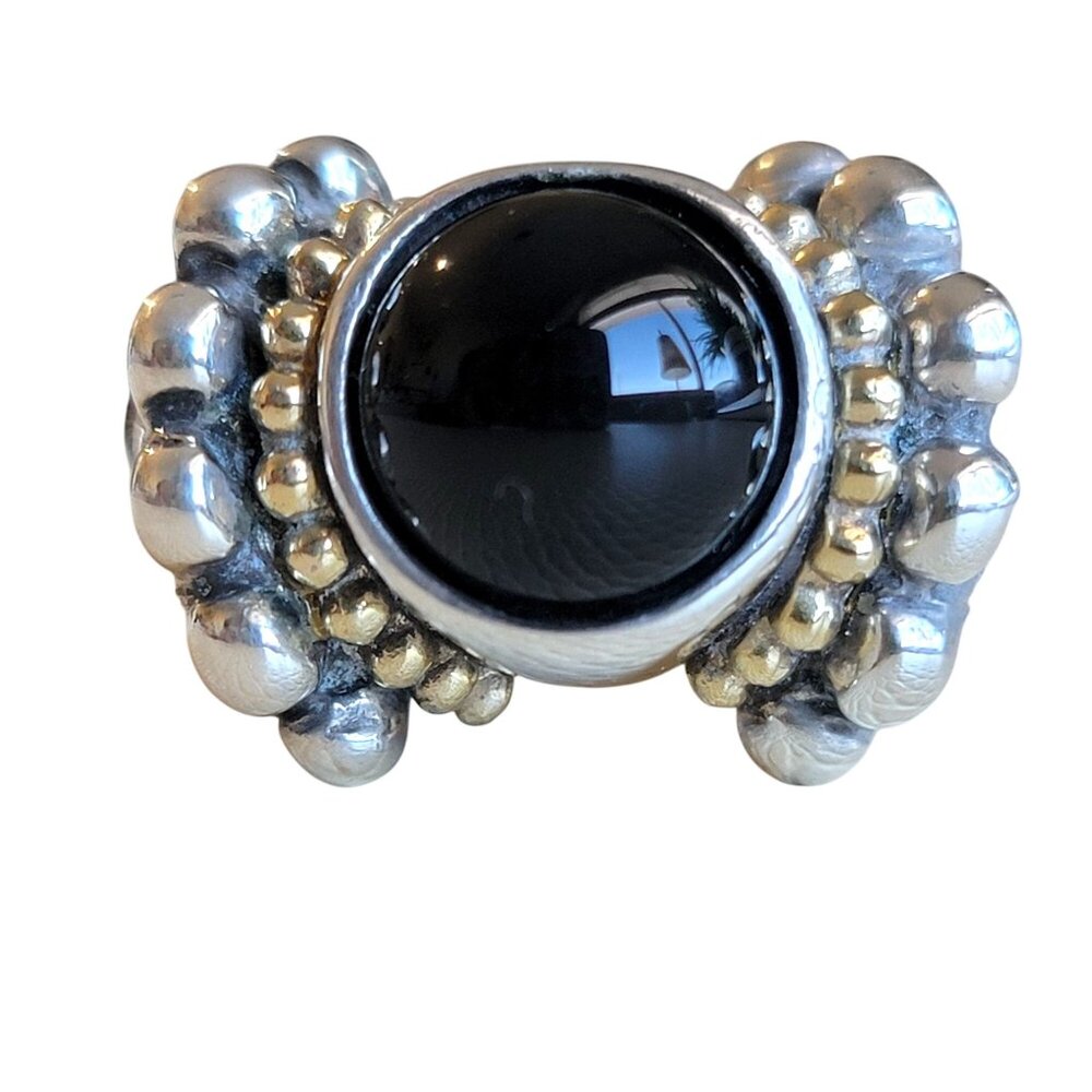 Flli Menegatti Ring Size 8.5 925 & 14k Gold Beading Italy Black Onyx Sterling